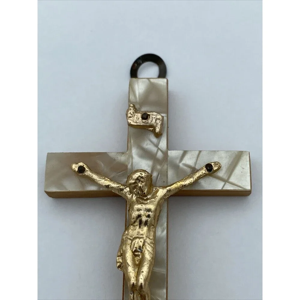 Beautiful Vintage Wood Crucifix with Mother Of Pearl - God Bless